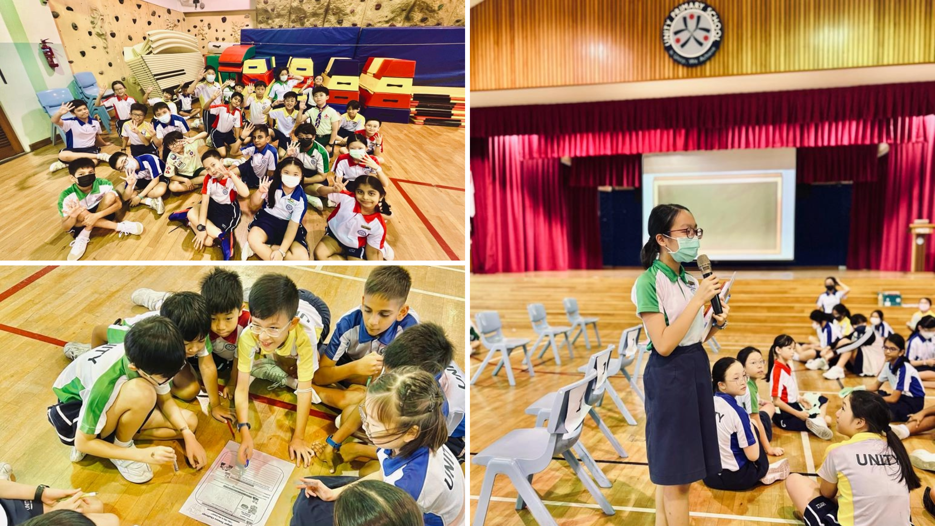 Collage of students in gym: group photo, kids huddled over paper, and girl speaking into mic on stage.